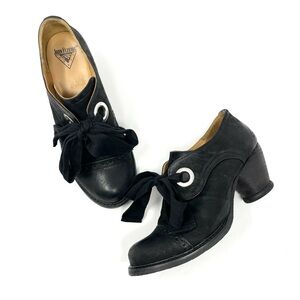 John Fluevog Black Leather East End Templeton Lace Up Oxford Shoes Heels Pumps 7